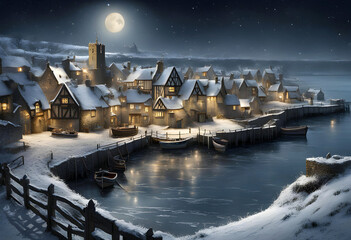 fantasy medieval seaside town in winter at night with ancient timber framed buildings covered in snow and a full moon with stars