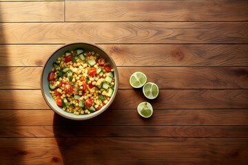 Wall Mural - Bowl of food on wooden floor, generative ai