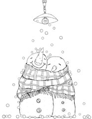 Wall Mural - Cute Pair of Snowmen under the lantern. Snowing. Lovers. Love. Merry Christmas, Happy New Year. Pattern for adult coloring book. Black and white.	