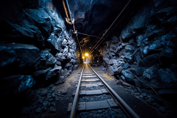 Wall Mural - Underground mine, mining, rail track trolleys laid through tunnel