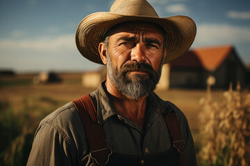 Wall Mural - A portrait of a farmer in a sun-drenched field, representing the connection between people and the land. Generative Ai.