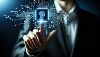 Wall Mural - a businessman touches the holographic artificial intelligence button with his finger
