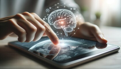 advanced three-dimensional human brain simulation viewed from inside a tablet