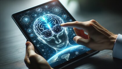 Wall Mural - advanced three-dimensional human brain simulation viewed from inside a tablet