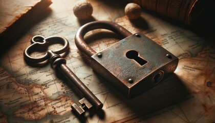 An old rusted lock and a key on a vintage map, symbolizing the key to one heart.