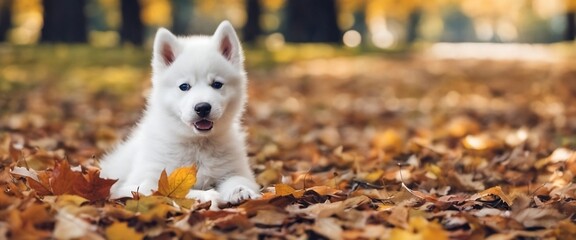 Wall Mural - cute fluffy husky puppy playing with autumn foliage