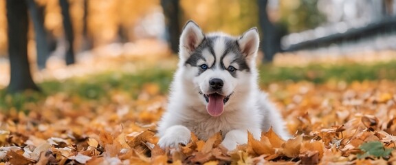 Wall Mural - cute fluffy husky puppy playing with autumn foliage