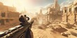 Soldier Holding a Gun With A Ruined City in The Desert Background
