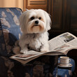 Maltese dog breed sits in a chair and reads a newspaper