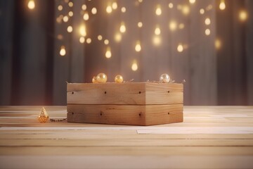 Wall Mural - empty wooden tabletop podium in open forest, blurred christmas background with space. organic product represents the natural placement of the pedestal, new year concept. Generative AI