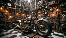 Motorcycle With Steampunk Details In A Gear-filled Garage, Steampunk Aesthetics, Futuristic Design, Mechanical Artistry, Vintage Futurism, Detailed Craftsmanship