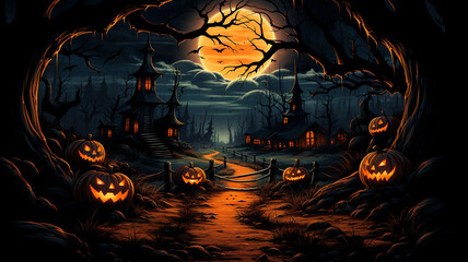 Halloween theme: gloomy night landscape with glowing lights and pumpkins against the backdrop of a Gothic castle