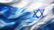 Modern creative flag of Israel develops in the wind and the Star of David. digital 3D rendering. Blue Star of David against the background of the Israeli flag.