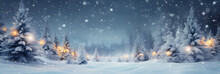 Weihnachten Hintergrund. Weihnachtsbaum Mit Schnee Verziert Mit Lichterkette, Urlaub Festlicher Hintergrund. Widescreen Rahmen Hintergrund. Neujahr Winter Art Design, Weihnachtsszene Breitbild
