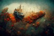 ship taking off corroded submerged underwater laying on the sand coral plants detailed insane carved details 8k warm colors light tone a watercolor painting 