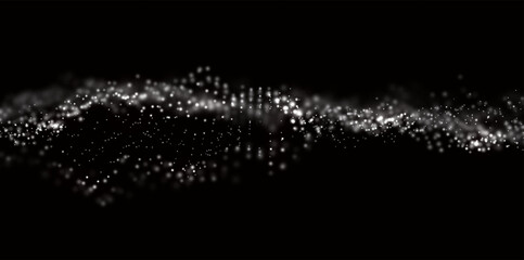 Wave of white particles. Abstract technology flow background. Sound mesh pattern or grid landscape. Digital data structure consist dot elements. Future vector illustration.