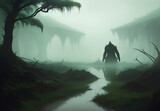 Fototapeta  - Swamp monster silhouette in armor walking down the swamp in dark green misty gloomy forest. Generative AI art illustration.