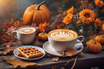 a cup of hot latte and waffers and pumpkins on an old wooden table in a garden, beautiful autumn nature at sunset as background, decoration for Halloween holiday