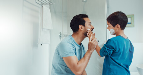 Sticker - Shaving, bathroom and father teaching child about grooming, hygiene and facial routine. Happy, help and a young dad showing a boy kid cream or soap for hair removal together in a house in the morning