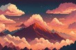 A sunset with fluffy clouds with mountains, pastel and soft colors, flat vector art illustration background, Generative AI