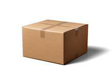 Empty Closed Cardboard Box Mockup, Png File Of Isolated Cutout Object With Shadow On Transparent Background.
