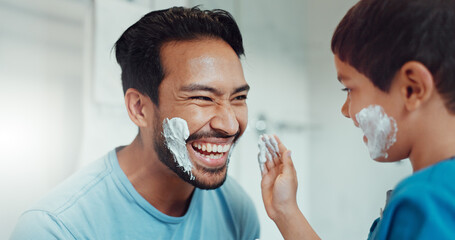 Sticker - Shaving, bathroom and father teaching child about grooming, playing hygiene and facial routine. Playful, help and dad showing boy kid cream or soap for hair removal together in a house in the morning