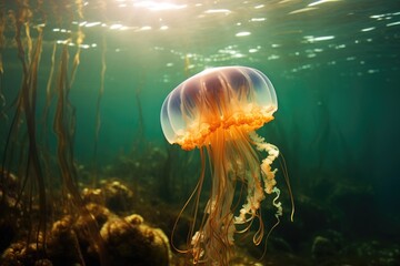 Poster - A jellyfish floating in the water near some plants. Generative AI.