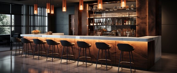 Wall Mural - A sleek modern bar counter with high stools, the backlit shelves offering ample space for drink recipes or branding.