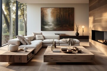 Wall Mural - Contemporary Minimalist living room with a focus on simplicity, clean lines, and open space