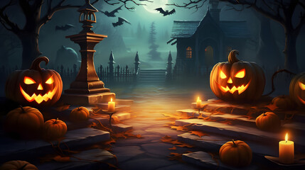 Sticker - Halloween pumpkin head jack lantern with burning candles, Spooky Forest with a full moon and wooden table, Pumpkins In Graveyard In The Spooky Night - Halloween Backdrop.