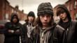 A street gang of teenage homeless boys. Destructive behavior among youth, gangs, juvenile delinquency and robbery.