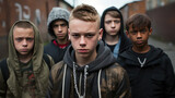 Fototapeta  - A street gang of teenage homeless boys. Destructive behavior among youth, gangs, juvenile delinquency and robbery.