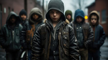 A Street Gang Of Teenage Homeless Boys. Destructive Behavior Among Youth, Gangs, Juvenile Delinquency And Robbery.