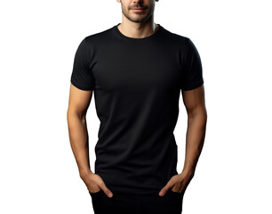 Wall Mural - black t-shirt mockup on a man, png file of isolated cutout object with shadow on transparent background.