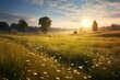 meadow with flowers in the evening glow. Generative AI
