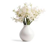 Vase With Beautiful White Flowers, Png File Of Isolated Cutout Object With Shadow On Transparent Background.