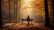 Person Sitting On A Bench In An Autumn Forest.