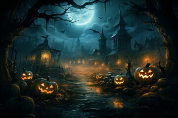 Wall Mural - Old haunted town with lights and scary pumpkins on Halloween night