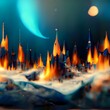 abstract architecture made of flames stary night background flying res lips blue birds icy land highly rendered 4k highly detailed cinematic 