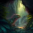 vermillion basilisk lurking in a jungle cave 
