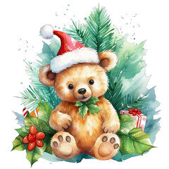 Wall Mural - Tropical themed christmas teddy bear with gifts, watercolor style, isolated on transparent PNG