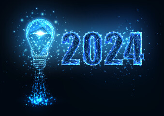 Wall Mural - Abstract 2024 vision, startup concept banner in futuristic glowing polygonal style on dark blue background.