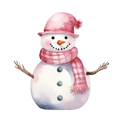 Wall Mural - Pink snowman, watercolor illustration. Isolated transparent background