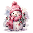 © MelissaMN - Pink snowman, watercolor illustration. Isolated transparent background