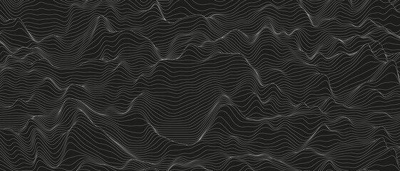 Abstract background with distorted line shapes on a black background. Monochrome sound line waves.