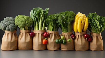 Poster - healthy food delivery, various fresh vegetable products in paper bags on white background