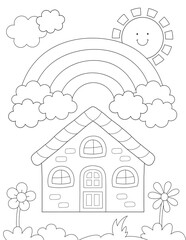 Wall Mural - rainbow and house coloring page for kids. you can print it on standard 8.5x11 inch paper