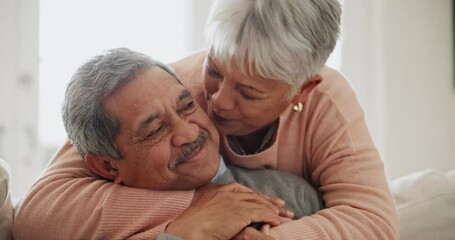 Poster - Old couple, relax and hug with love and support in marriage, retirement and happiness together at home. Comfort, care and bonding with life partner, people in living room with trust and commitment