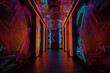 Hallway to portal with vibrant neon lights in a kaleidoscope pattern. Generative AI