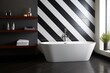 Modern black and white bathroom interior with white bathtub